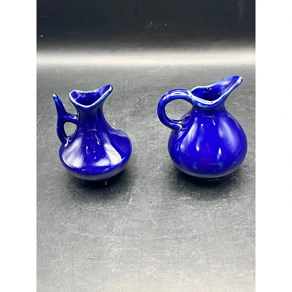 Vintage Set of 2 Chadwick Mini Bud Vases Cobalt Blue‎ Gold Flowers-3.25
